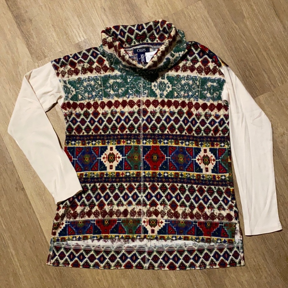 CHAPS Denim Med. multi colored turtle neck Multi designs.Cream colored sleeves.